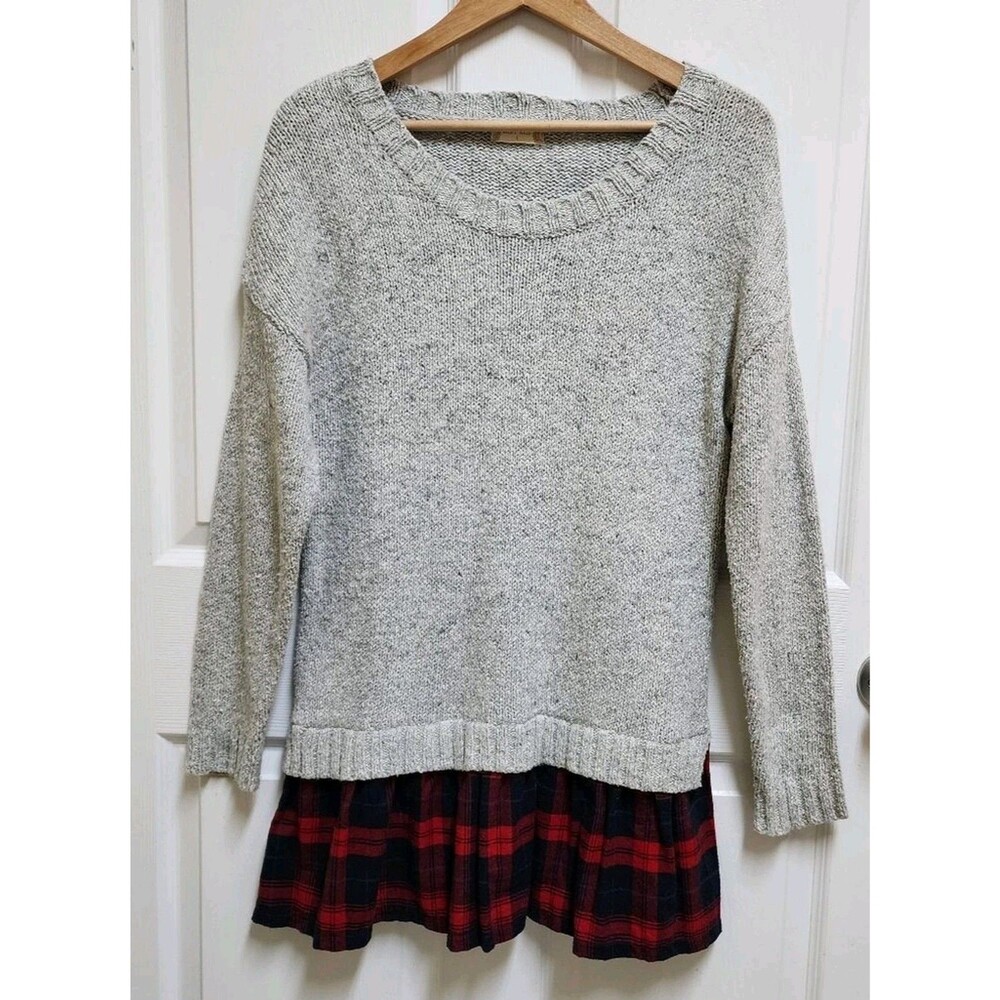 Altar'd State Sweater Womens S Gray Knit Red Plaid Peplum Tunic Long Slv Preppy